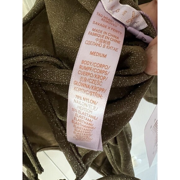 Savage X Fenty Bodysuit Green Shine Strapy Teddy Thong Mock Neck Size M - Picture 8 of 9